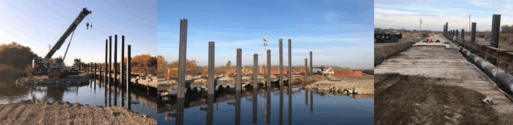L to R: Crane placing steel support piles for use during construction which will be removed following construction of the new bridge; attaching the old city water line temporarily to the support piles; continuing demolition of the concrete top of the old bridge.