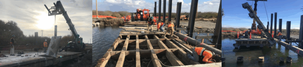 L to R: Removing remaining concrete slabs from old bridge; starting removal of old wood structure; complete removal of an old bridge section.