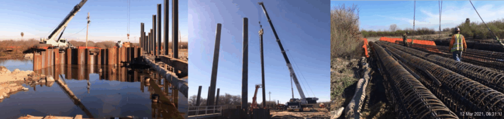 L to R: Driving sheet piling in order to create the coffer dam needed to create dry working conditions during construction; driving the bridge support piles using a vibrating crane hammer; the rebar cages that will be placed into the support piles.