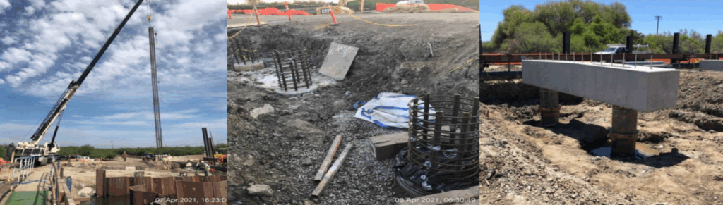 L to R: Inserting a rebar cage into a driven pile; rebar cages protrude from a pile following concrete pouring; a completed bridge support.