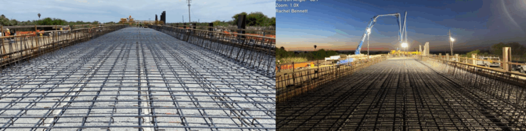 L to R: Rebar placed on the slabs; pouring the concrete deck.