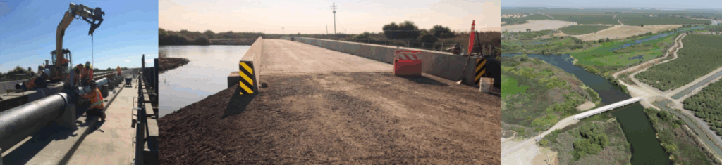 L to R: Completing installation of the new city water line; the completed Mowry Bridge; aerial view showing the completed bridge spanning Fresno Slough.
