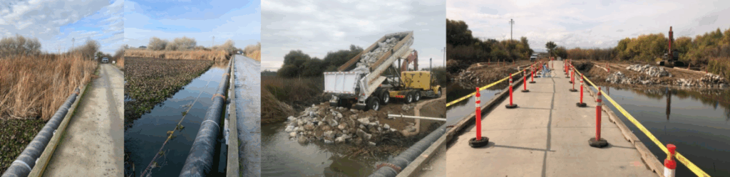 L to R: Old bridge and encroaching vegetation; vegetation removal; building the crane pads.